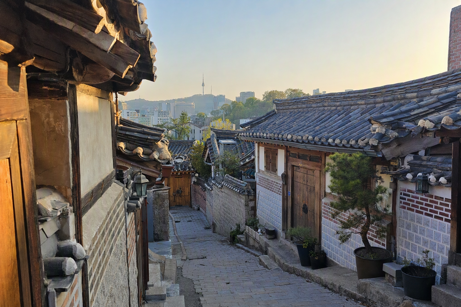 明亮寫實風的北村韓屋屋頂清晨景色，有狹窄石板巷、柔和陽光、寧靜氛圍，沒有可見文字