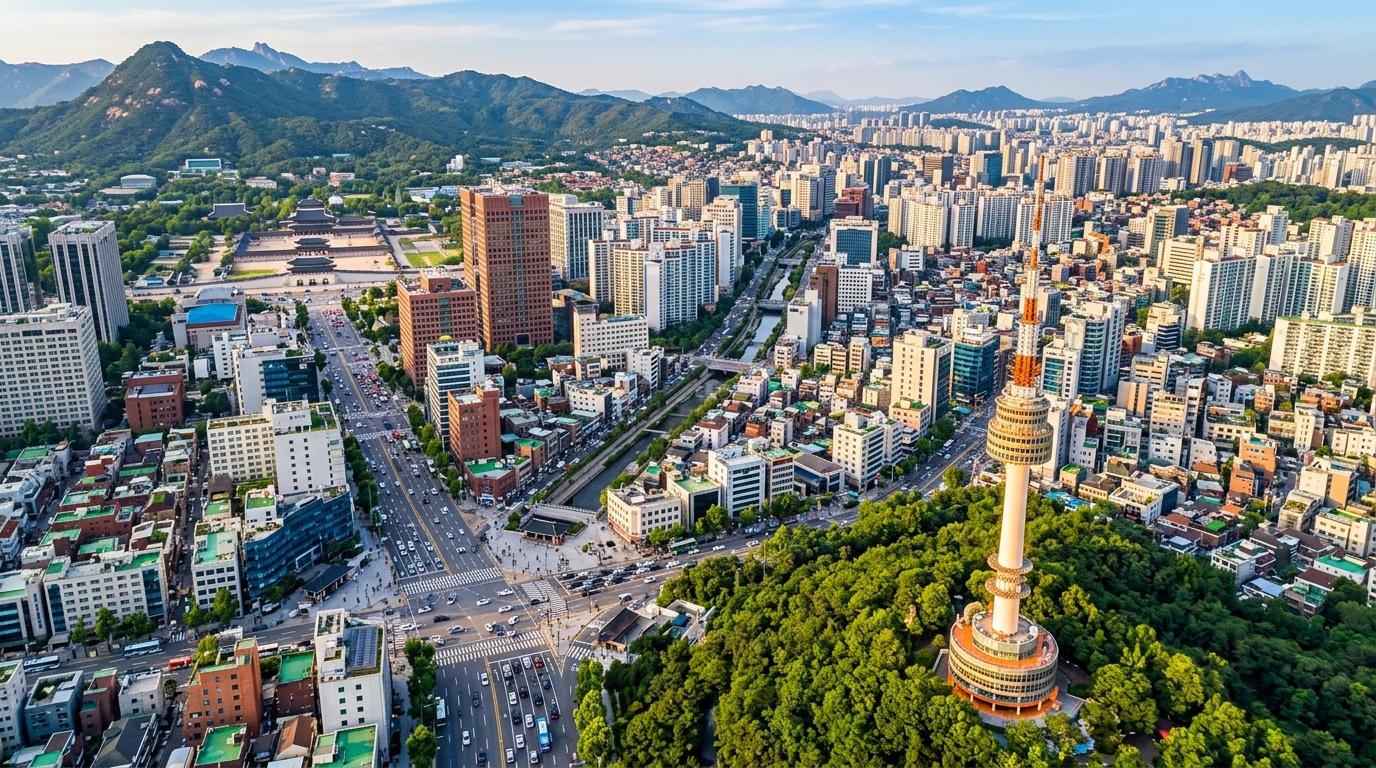 Bright photorealistic aerial view of central Seoul with Namsan Tower, dense city streets, subway entrances, soft afternoon light, vibrant colors, no visible tex