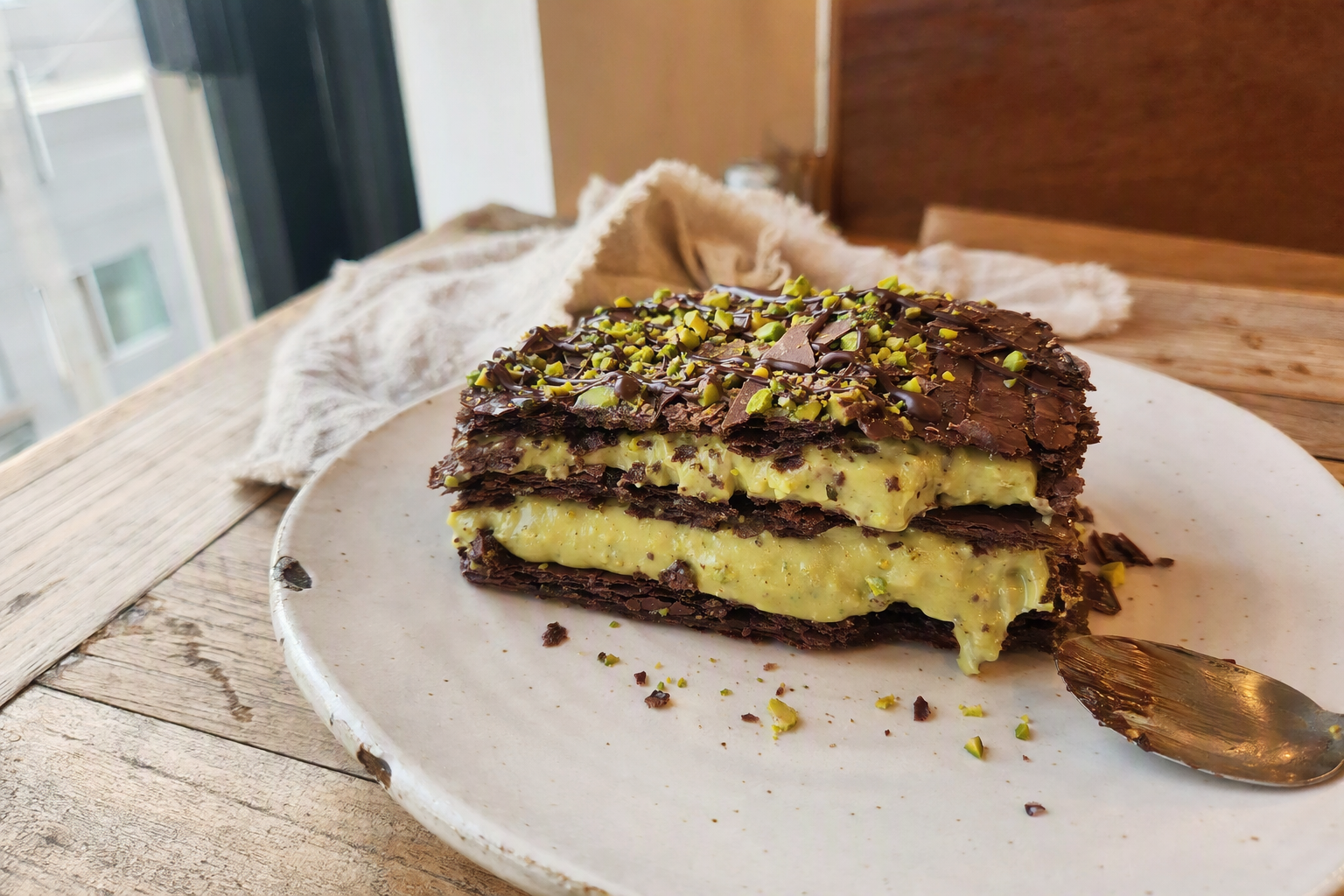Bright vibrant photorealistic close-up of pistachio chocolate dessert with crunchy pastry layers and creamy filling on a small plate, no visible text