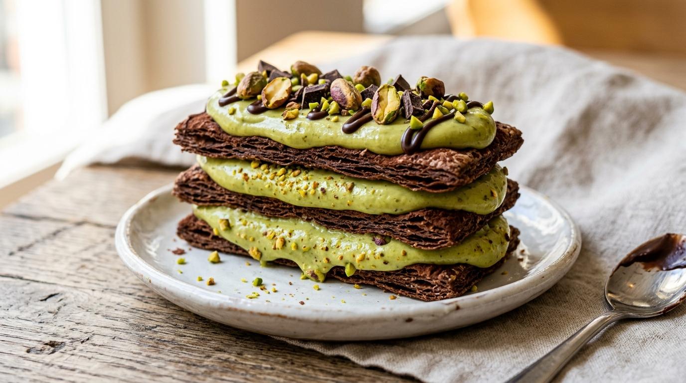 Bright vibrant photorealistic close-up of pistachio chocolate dessert with crunchy pastry layers and creamy filling on a small plate, no visible text