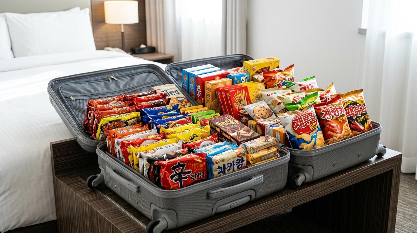 Bright vibrant photorealistic open suitcase with neatly packed Korean instant noodles, snack boxes, sealed cookies, and chip bags, hotel room setting, no visibl