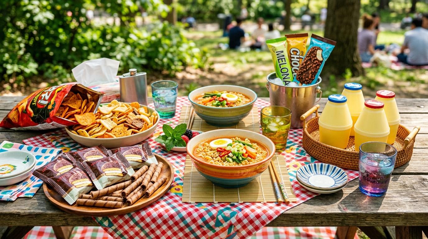 Bright vibrant photorealistic picnic-style spread of Korean ramen, chips, chocolate pies, wafer rolls, banana milk, and ice cream on a bright table, no visible