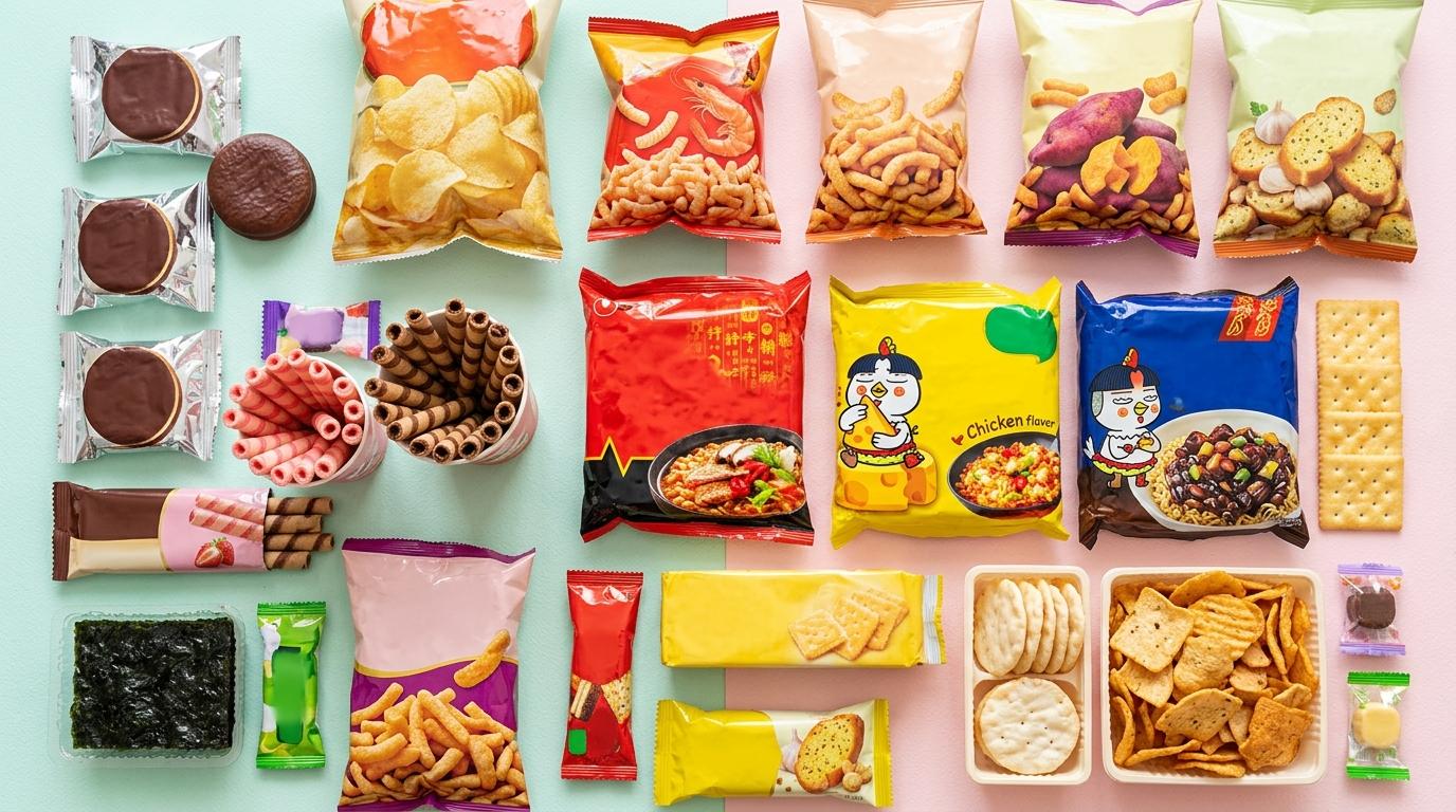 Bright vibrant photorealistic flat lay of popular Korean snacks including chocolate pies, chips, instant noodles, wafer sticks, and crackers on a pastel backgro