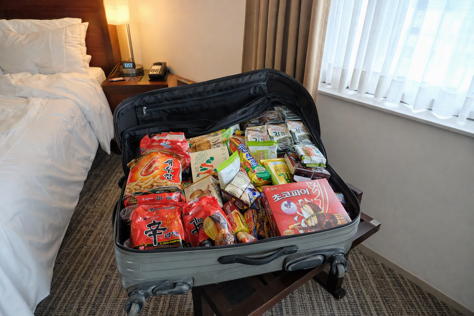 Bright vibrant photorealistic open suitcase with neatly packed Korean instant noodles, snack boxes, sealed cookies, and chip bags, hotel room setting, no visibl