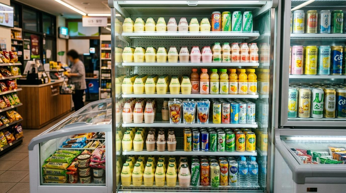 Bright vibrant photorealistic Korean convenience store drink fridge with banana milk, fruit drinks, ice cream bars, and canned highballs, no visible text