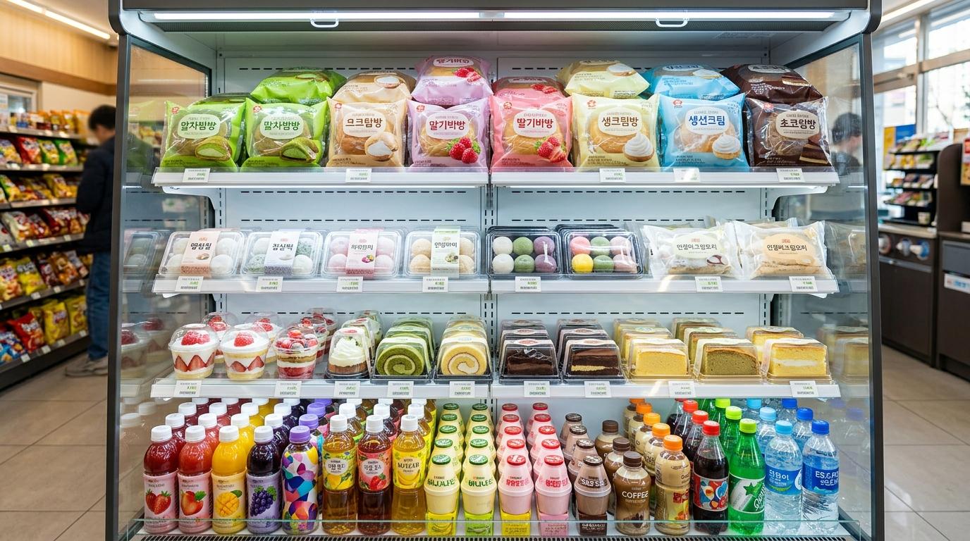 Bright vibrant photorealistic Korean convenience store dessert refrigerator filled with cream breads, cakes, mochi-style sweets, and bottled drinks, no visible