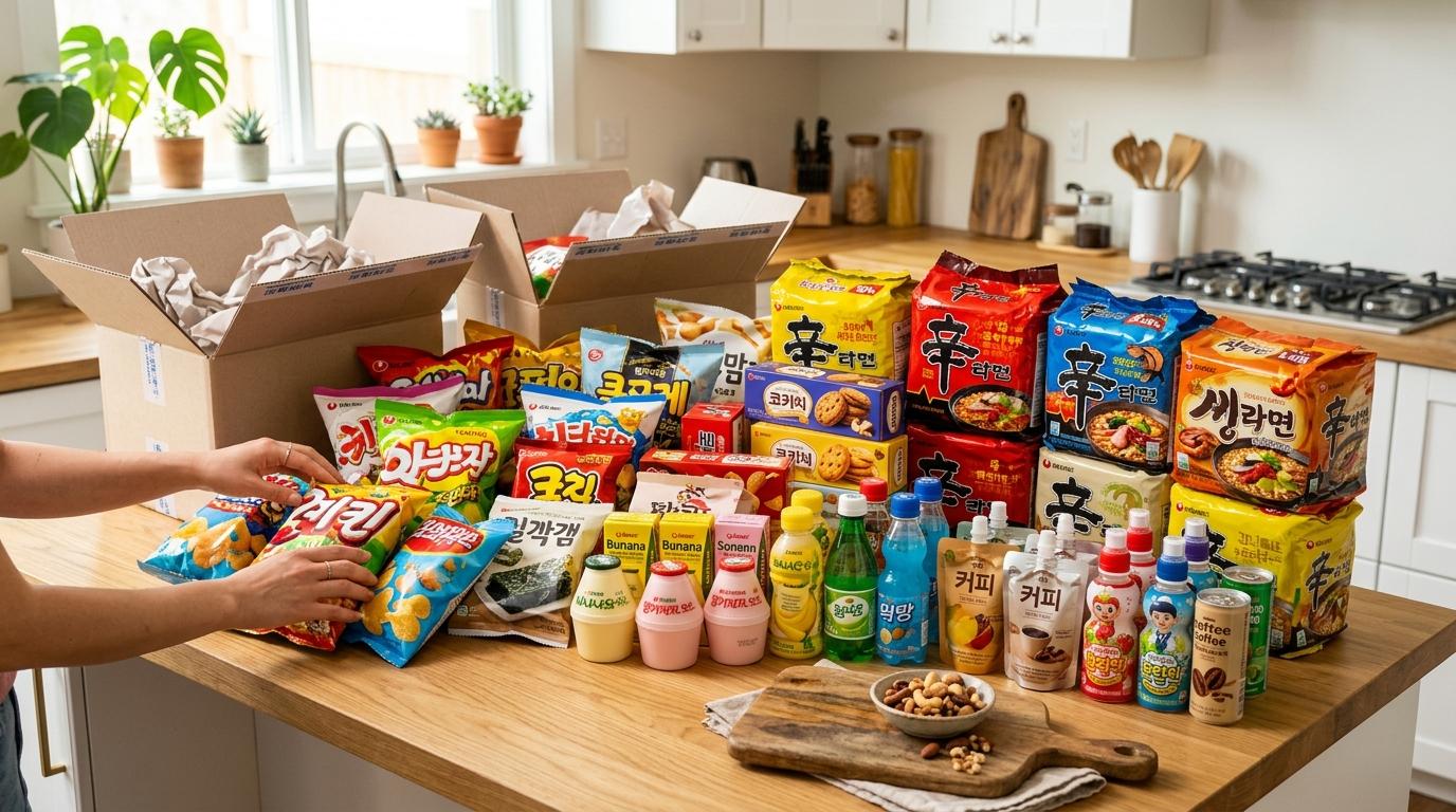 Bright vibrant photorealistic online grocery unboxing with Korean snack bags, ramen packs, cookies, and small drinks arranged on a kitchen counter, no visible t