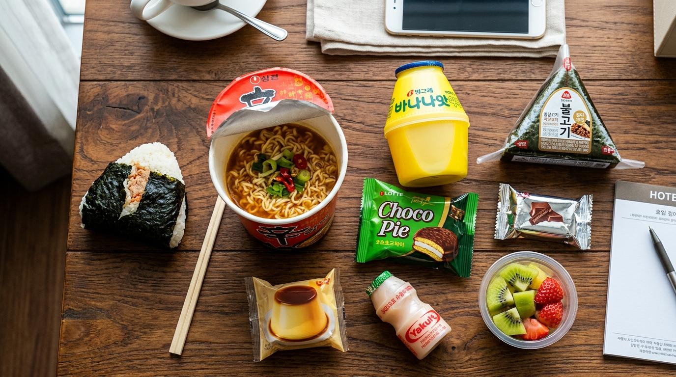 Bright vibrant photorealistic flat lay of Korean convenience store breakfast with triangle rice balls, cup noodles, banana milk, and small desserts on a hotel t