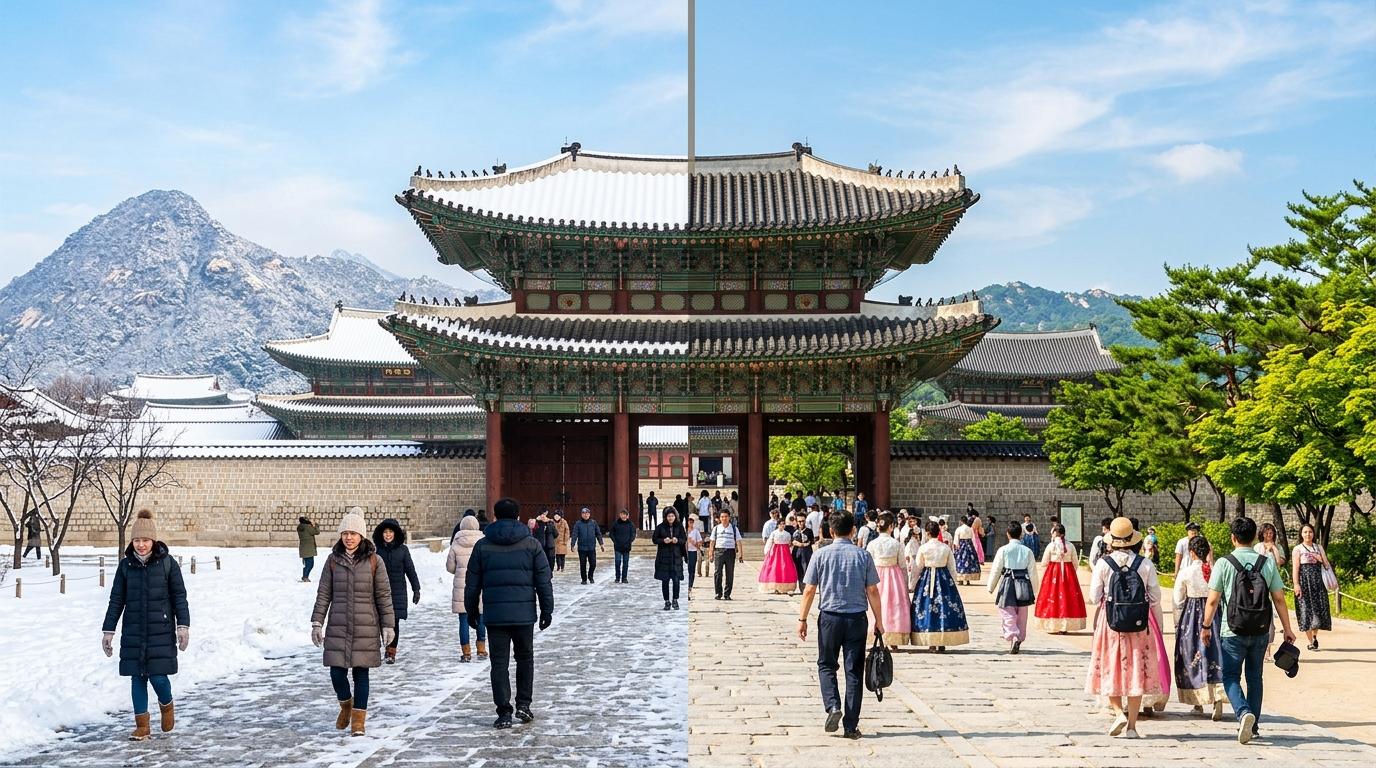 Bright photorealistic seasonal collage-style scene of Gyeongbokgung Palace in crisp winter light and warm summer light, travelers entering through a grand gate,