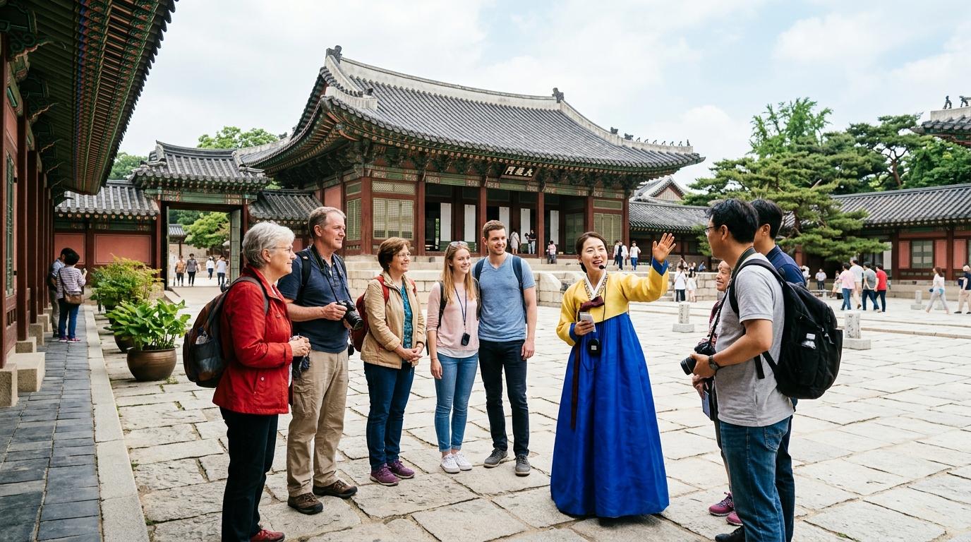 Bright vibrant photorealistic image of a small international tour group listening to a guide inside a palace courtyard, traditional wooden halls, soft daylight,