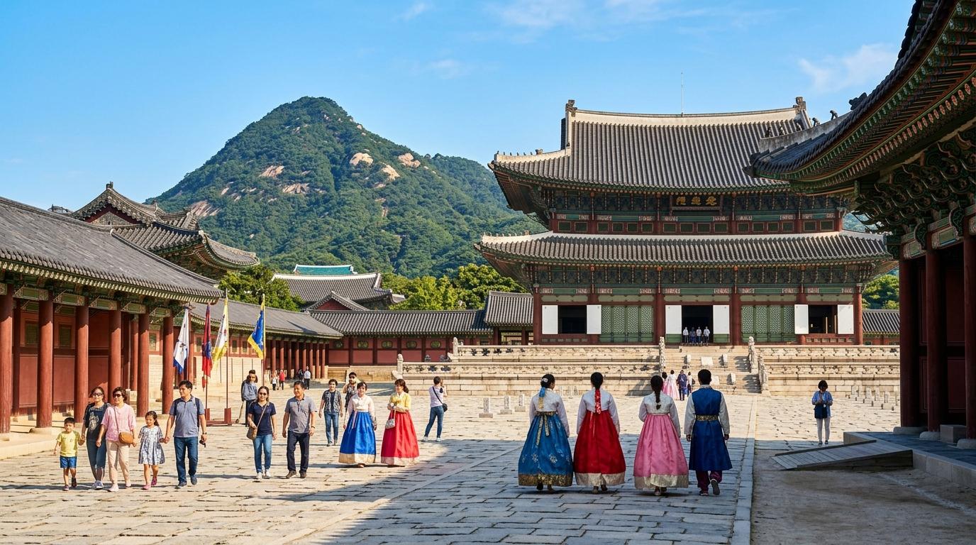 Bright vibrant photorealistic morning view of Gyeongbokgung Palace courtyard with traditional rooflines, Bugaksan mountain in the background, clear blue sky, tr