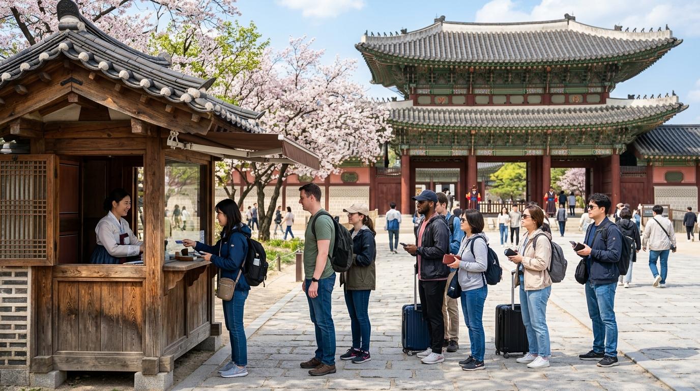 Bright photorealistic scene of travelers buying tickets near a traditional palace gate in Seoul, spring sunlight, clean composition, no visible signs or text