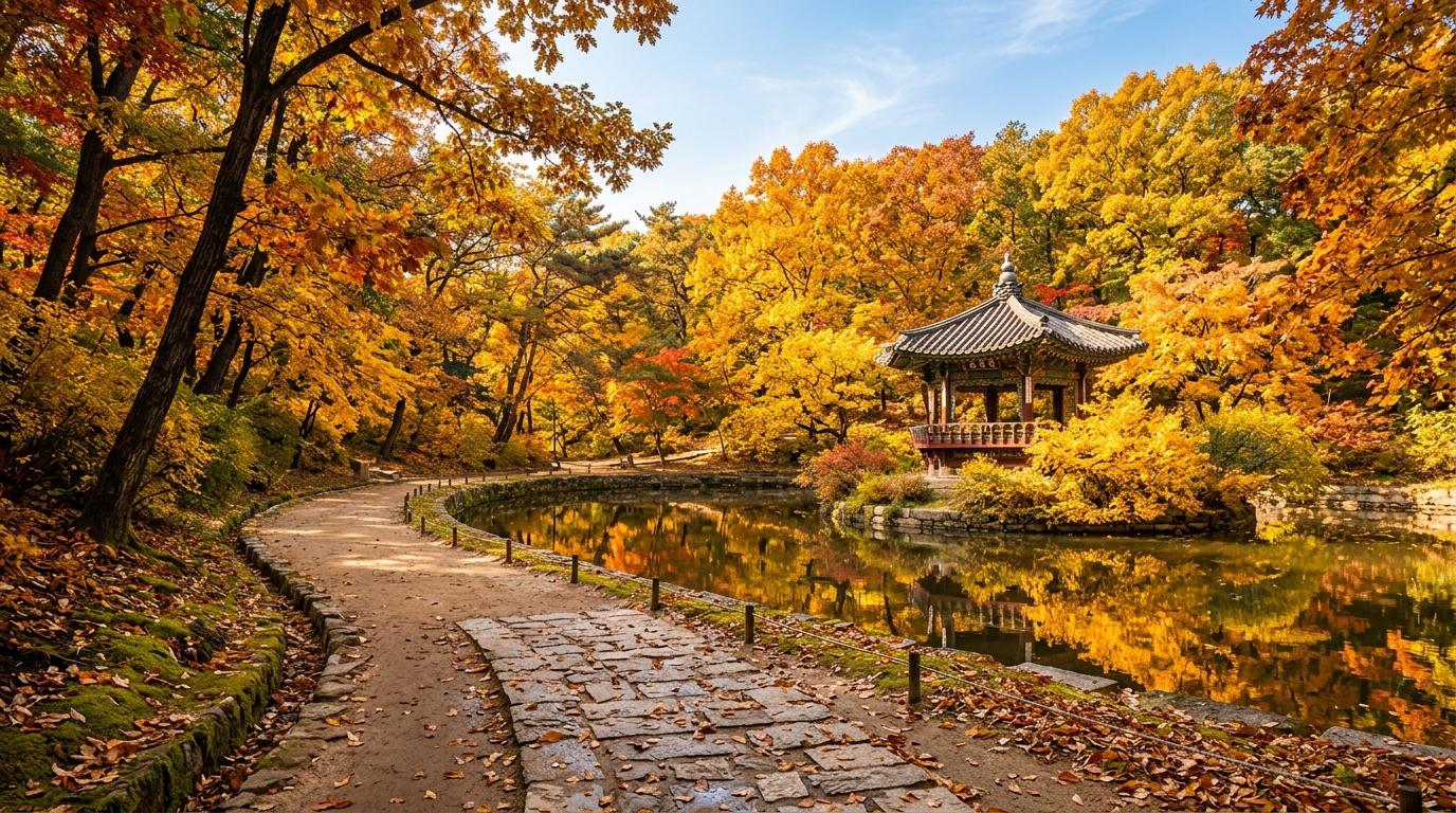 Bright photorealistic autumn view of a serene royal garden path at Changdeokgung, golden leaves, traditional pavilion, soft sunlight, no visible text