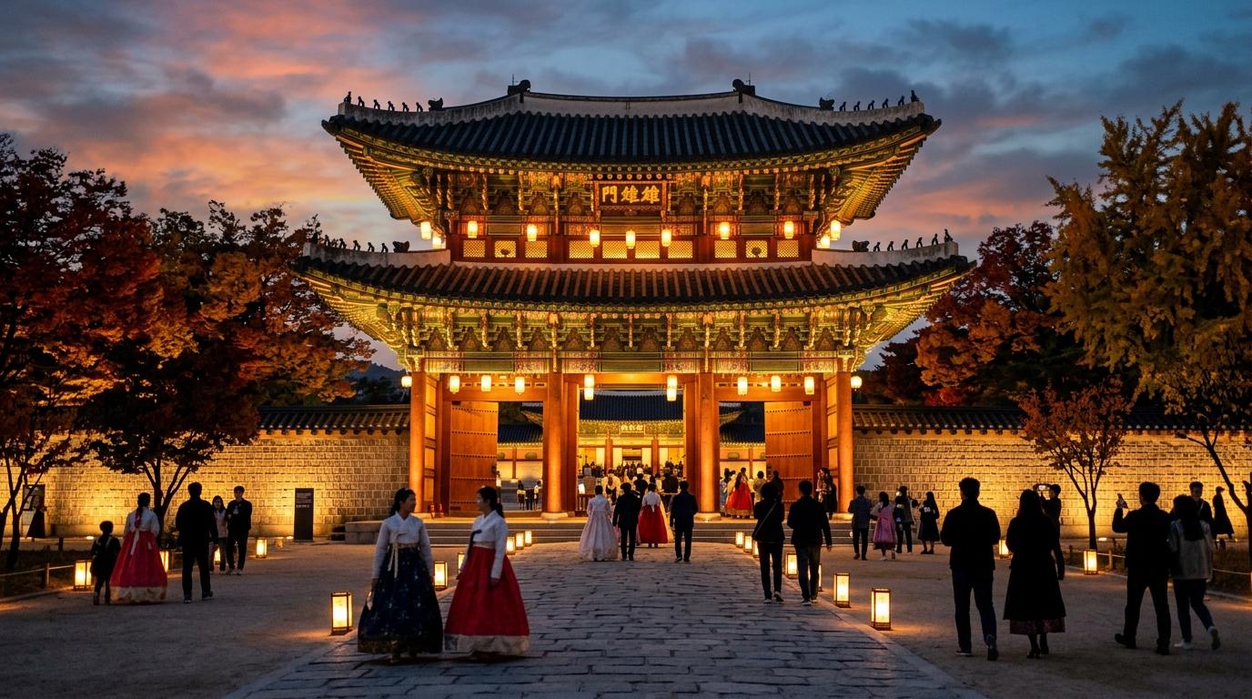 Bright photorealistic evening scene of Gyeongbokgung Palace gate glowing under autumn twilight, visitors in hanbok silhouettes, warm lantern-like lighting, no v