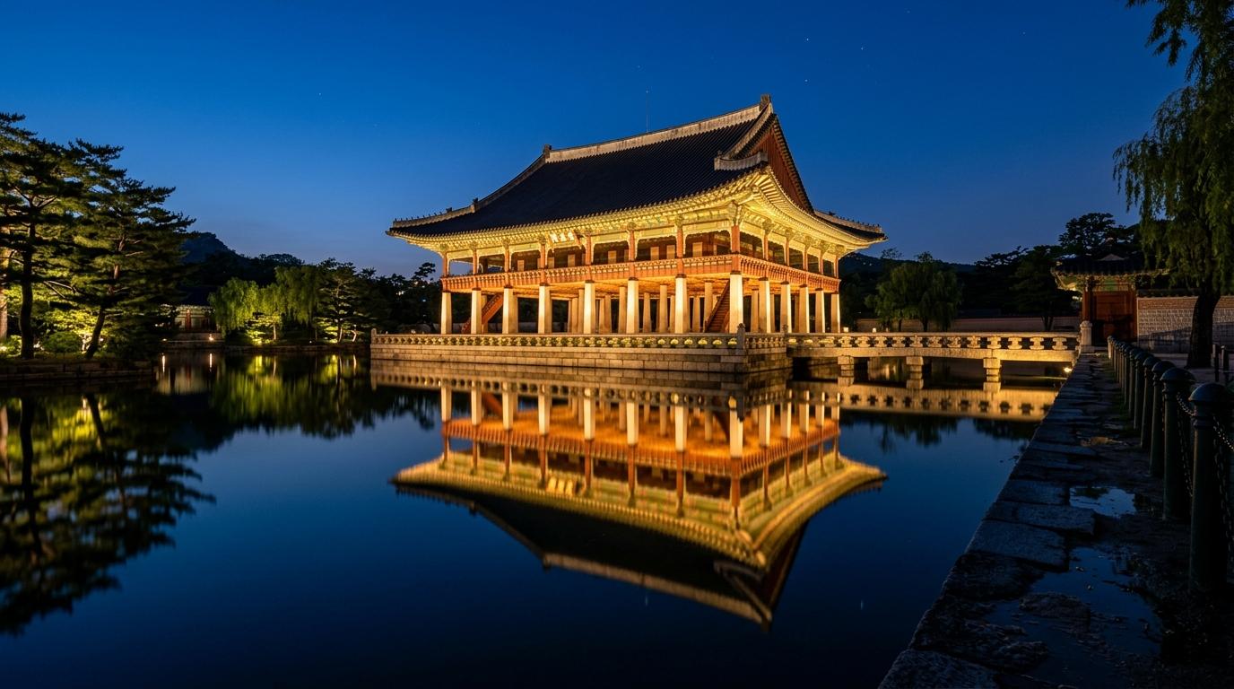 Bright vibrant photorealistic night view of Gyeonghoeru Pavilion reflected in a calm pond at Gyeongbokgung Palace, warm lights, deep blue sky, no visible text