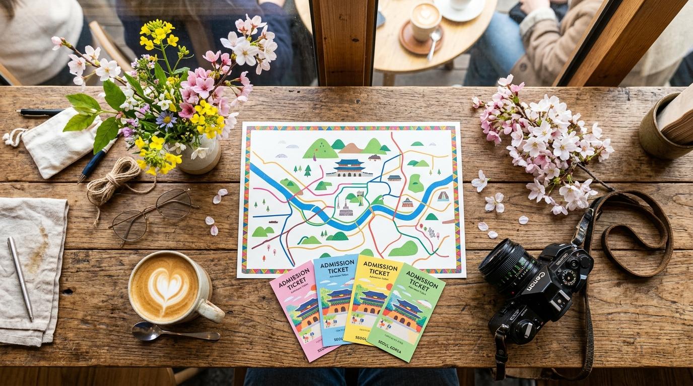 Bright vibrant photorealistic flat lay of palace admission tickets, a simple Seoul travel map with no readable text, camera, and seasonal flowers on a cafe tabl