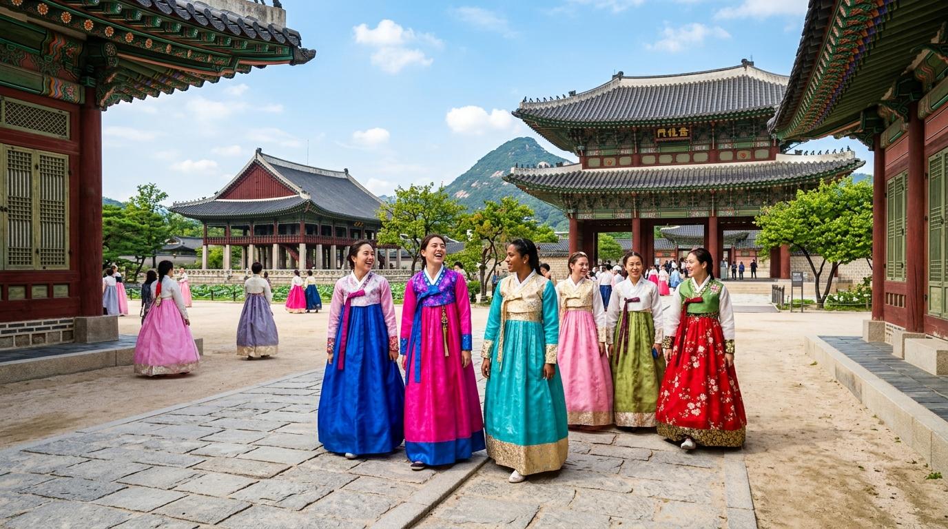Bright vibrant photorealistic image of international travelers in colorful hanbok walking through a sunlit palace courtyard, elegant traditional architecture, n