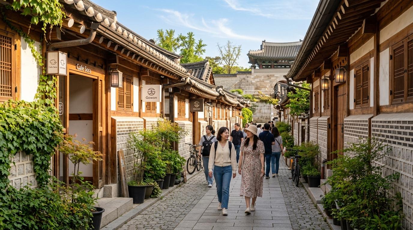 Bright photorealistic scene of a quiet Seochon-style Seoul street near a palace, small cafes, warm daylight, travelers walking casually, no visible text