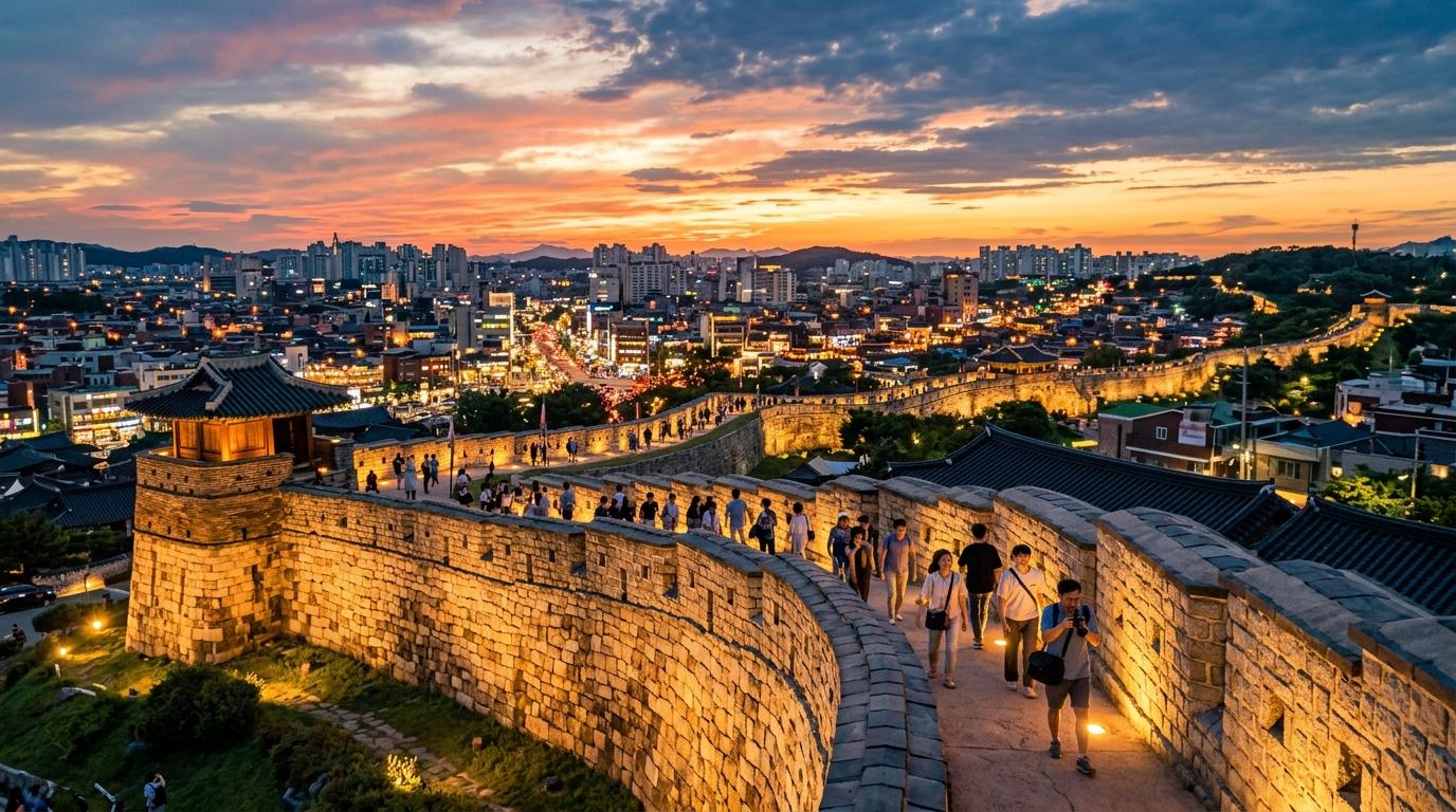Bright, vibrant, photorealistic stone fortress wall in Suwon at sunset with visitors walking along the ramparts and city lights below, no text