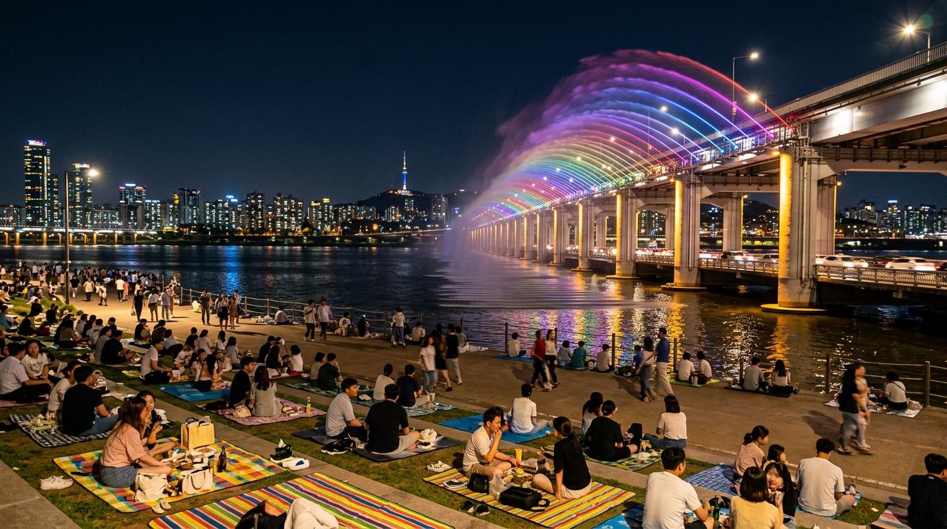 Bright, vibrant, photorealistic night view of Banpo Bridge rainbow fountain over the Han River with city lights and people relaxing on picnic mats, no text