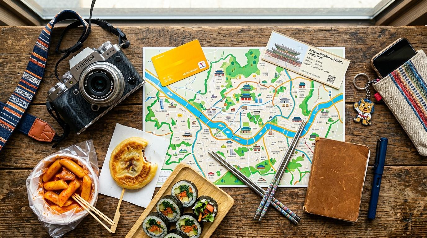 Bright, vibrant, photorealistic flat lay of a Seoul travel day with transit card, palace ticket, market snacks, camera, and colorful city map without readable t