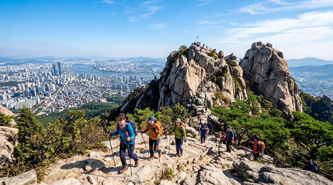 Bright, vibrant, photorealistic mountain trail on Bukhansan with granite peaks, hikers, clear blue sky, and Seoul city far below, no text