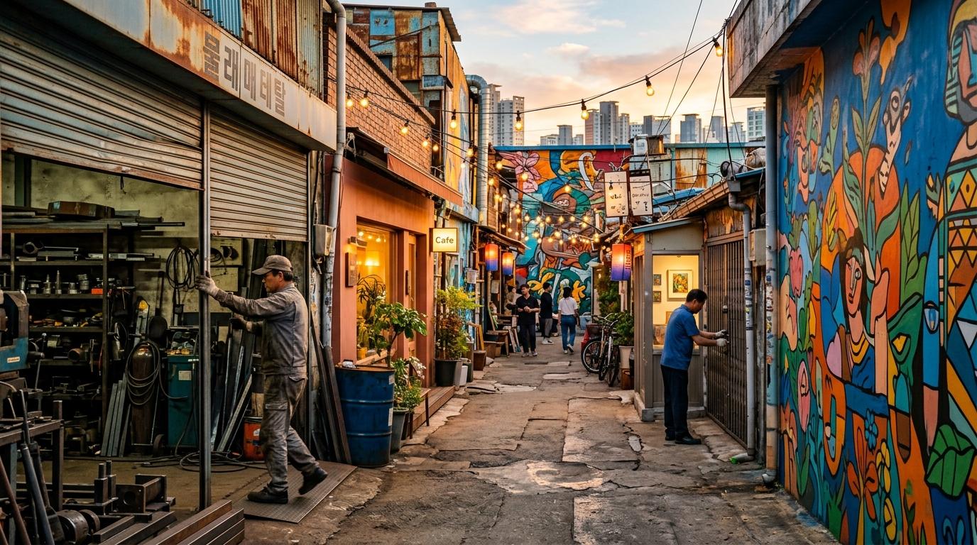 Bright, vibrant, photorealistic Mullae alley with metal workshops, art murals, small galleries, cafe lights, and workers closing shop at golden hour, no text