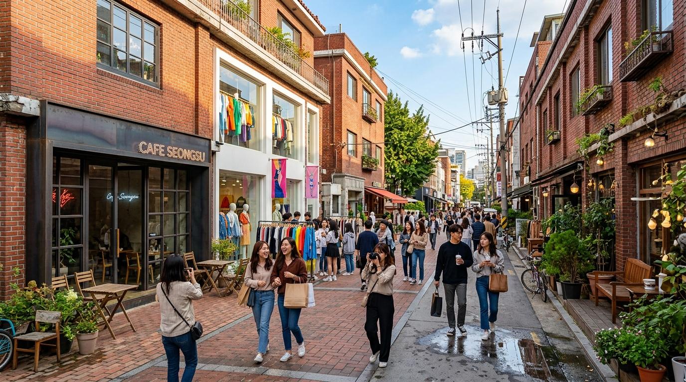 Bright, vibrant, photorealistic Seongsu street with red brick warehouses, stylish cafe entrances, fashion pop-up displays, young travelers, clear afternoon ligh