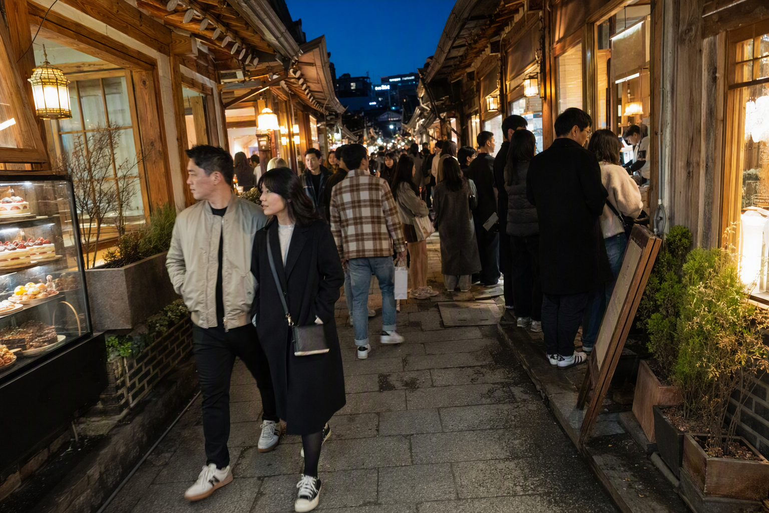 明亮鮮活、寫實風格的狹窄益善洞韓屋咖啡巷，暖色燈光、櫥窗甜點、時髦旅人，舒適的夜晚氛圍，無文字