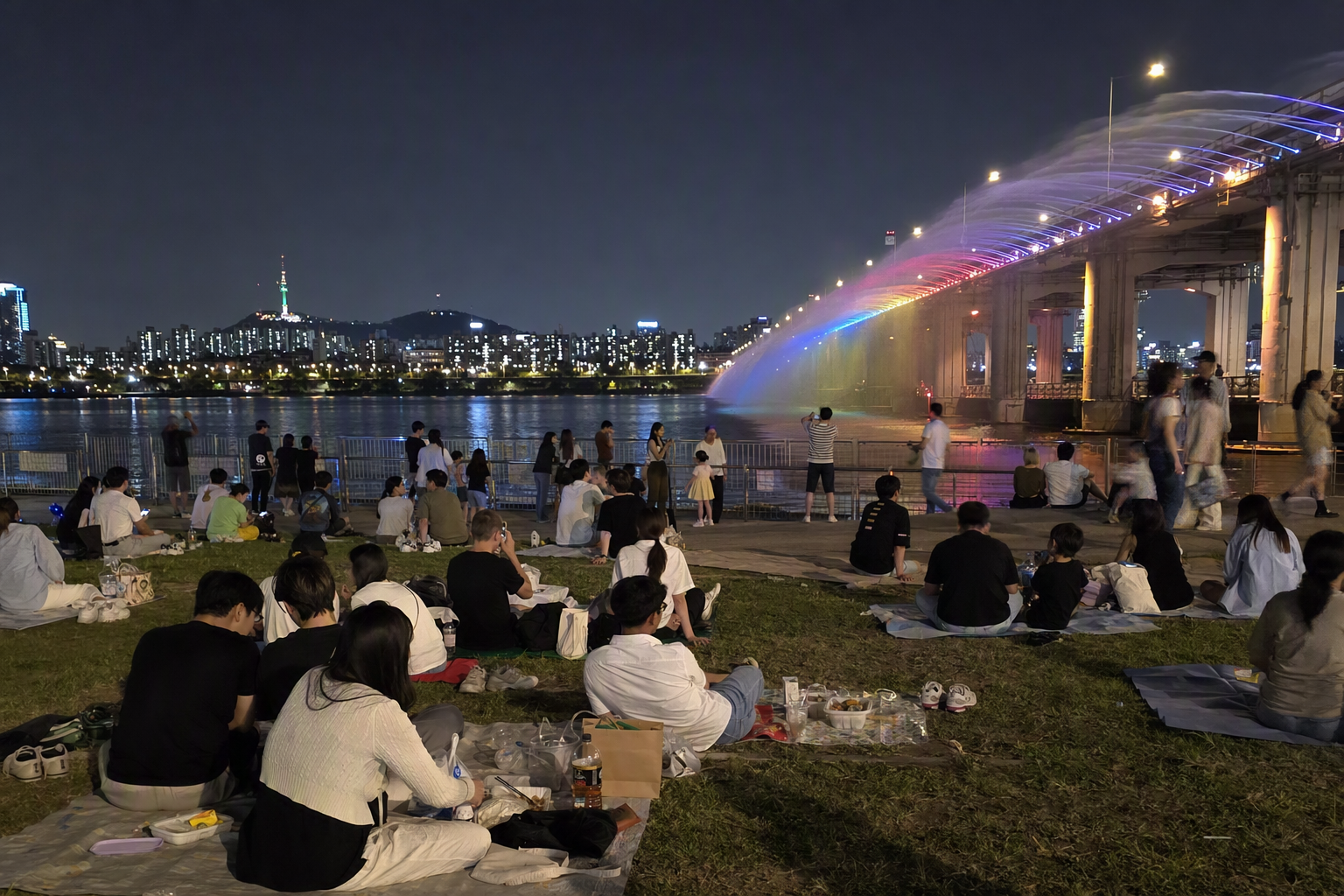 明亮鮮豔、寫實風格的夜景，盤浦大橋彩虹噴泉在漢江上方，城市燈光與在野餐墊上放鬆的人群，無文字