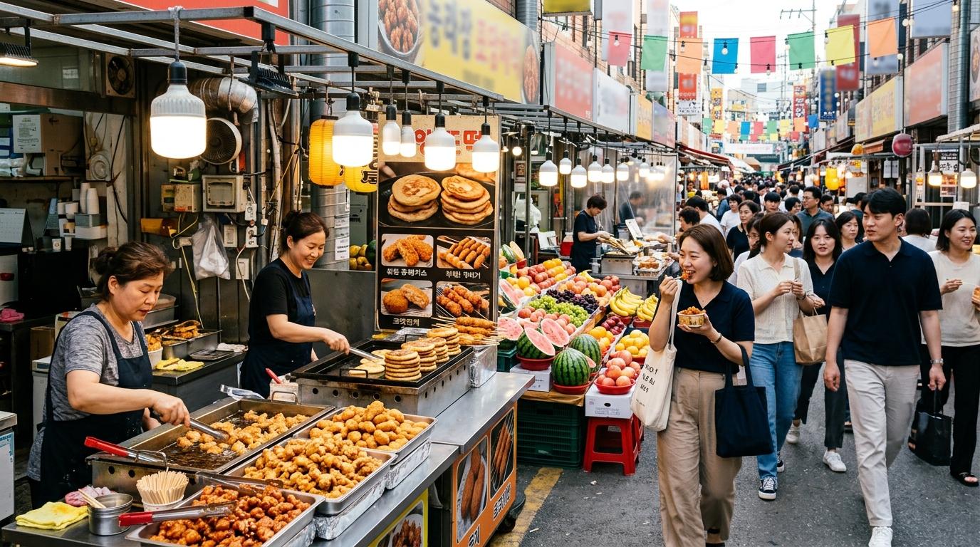 Bright, vibrant, photorealistic daytime street market in Seoul with fried chicken bites, sweet pancakes, croquettes, fruit stalls, and relaxed local shoppers, n