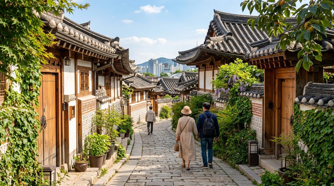 Bright, vibrant, photorealistic quiet hanok alley in Seoul with tiled roofs, warm daylight, respectful travelers walking softly, no text