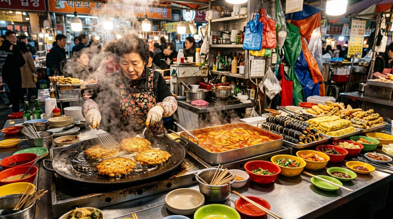 Bright, vibrant, photorealistic Seoul market food stall with sizzling mung bean pancakes, rolled rice snacks, tteokbokki, steam, colorful dishes, no text