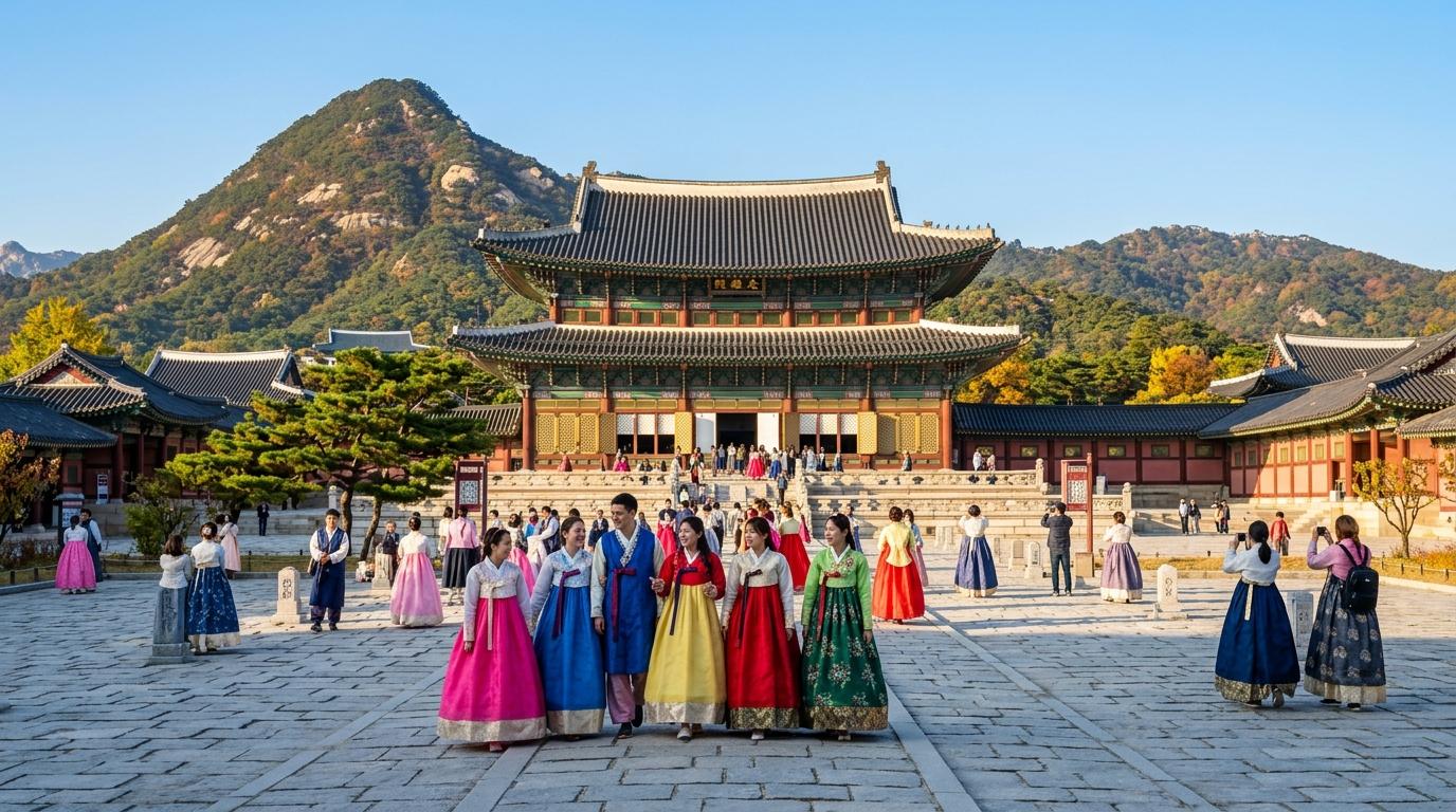 Bright, vibrant, photorealistic scene of Gyeongbokgung Palace courtyard at morning light with travelers in colorful traditional clothing, mountains in the backg