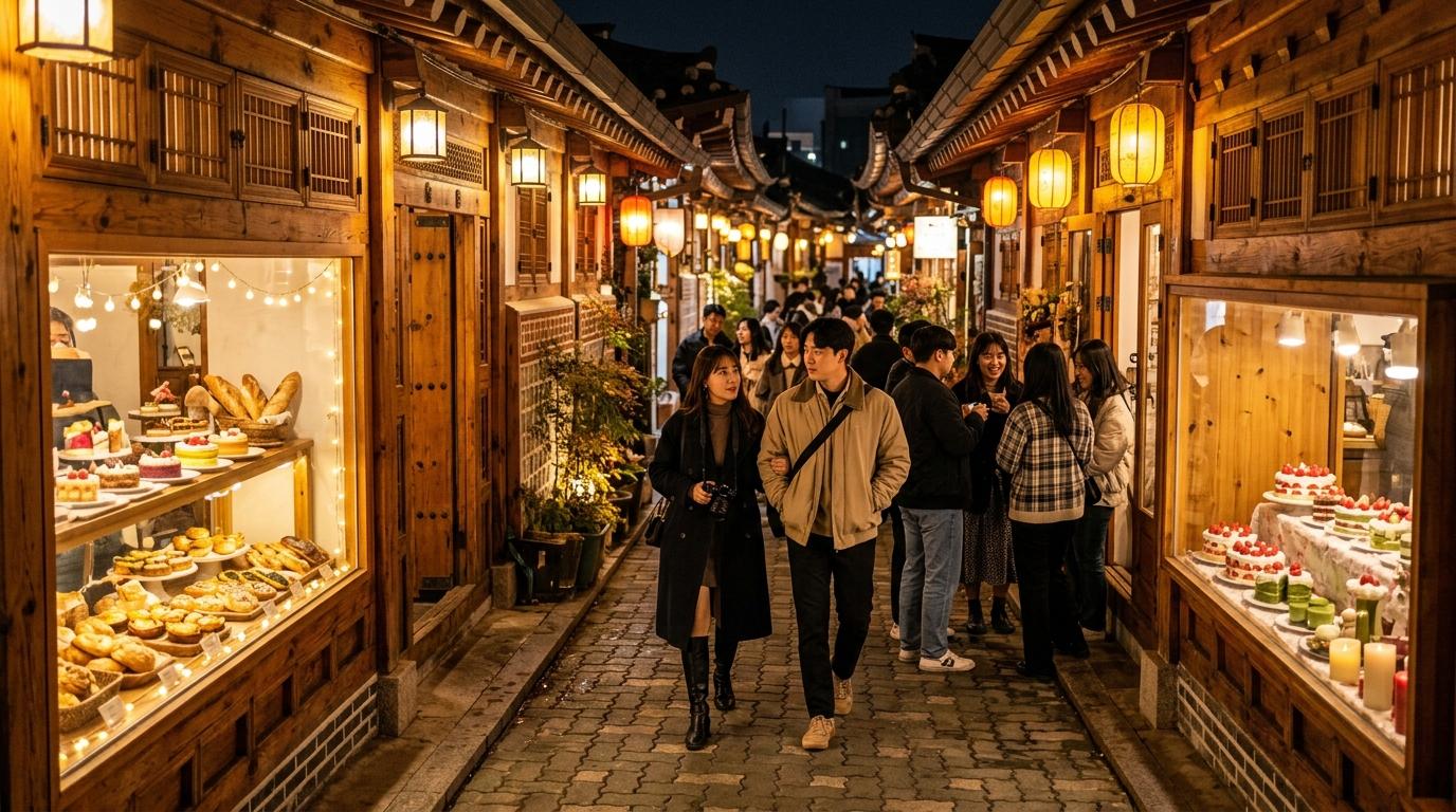 Bright, vibrant, photorealistic narrow Ikseon-dong hanok cafe alley with warm lights, desserts in windows, stylish travelers, cozy evening atmosphere, no text