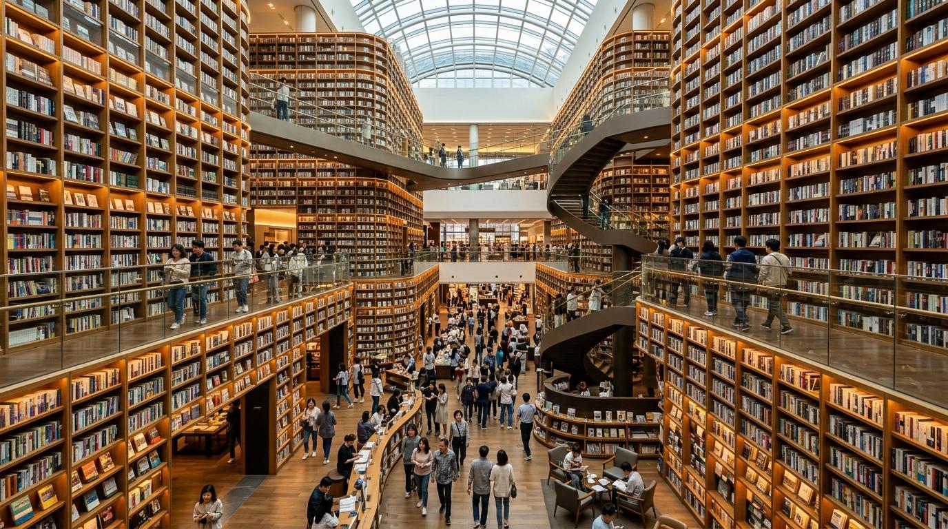 Bright, vibrant, photorealistic interior of a vast modern library inside a Seoul shopping mall with towering bookshelves, warm lighting, visitors browsing, no t