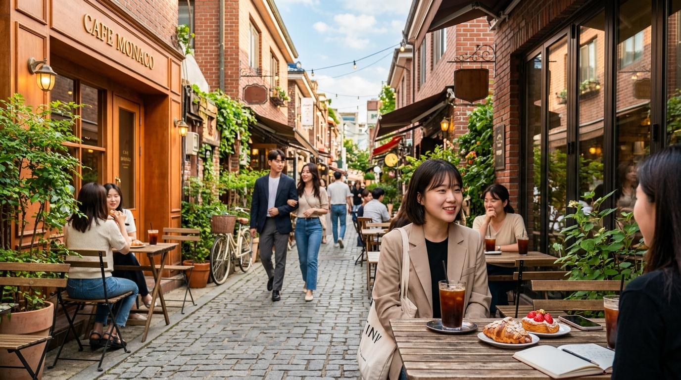 Bright vibrant photorealistic Seoul cafe street with pastries, iced coffee, stylish travelers, brick buildings, soft afternoon sunlight, no visible text