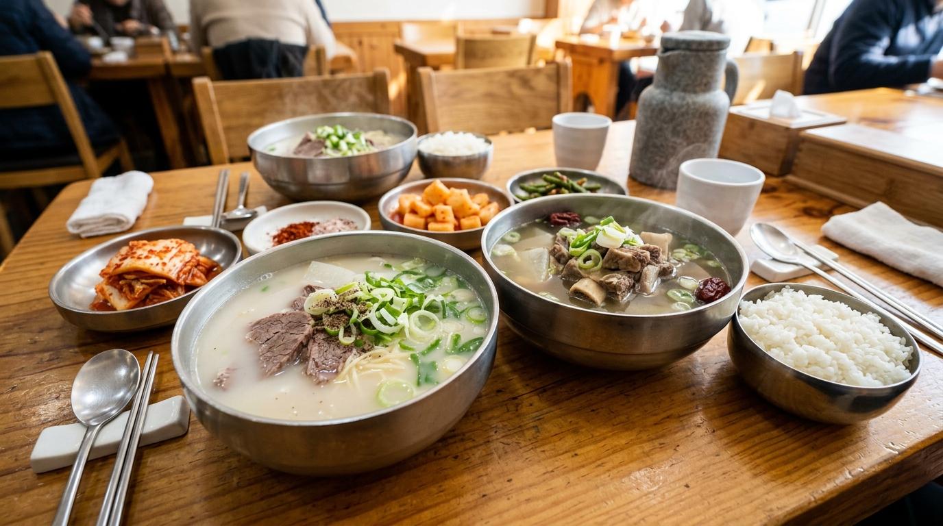 Bright vibrant photorealistic Korean beef soup breakfast with milky broth, clear broth, rice, kimchi, green onions, and stainless bowls, no visible text