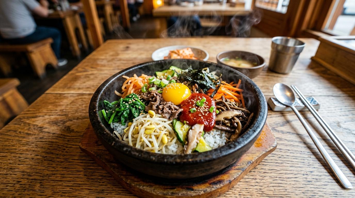 Bright vibrant photorealistic stone bowl bibimbap with colorful vegetables, egg yolk, rice, chili sauce, and steam rising on a wooden table, no visible text