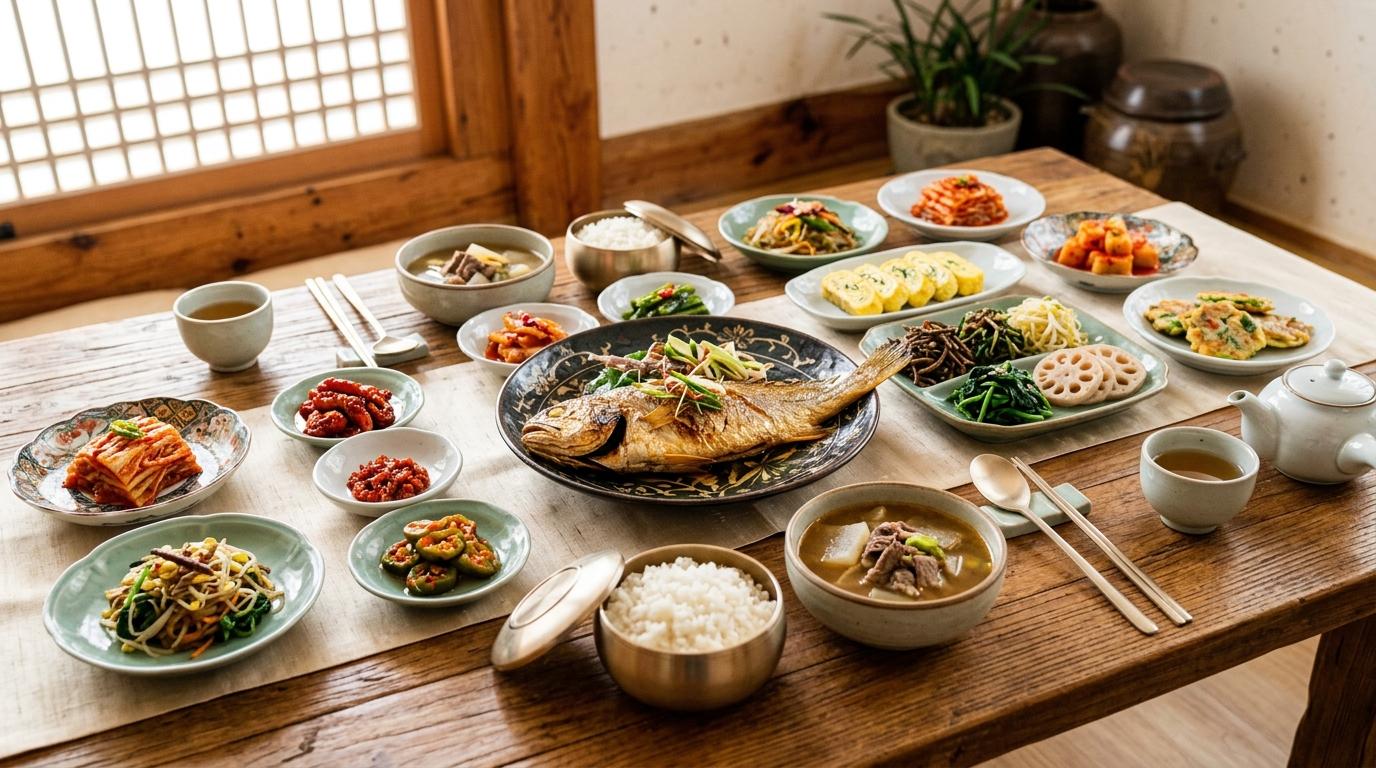 Bright vibrant photorealistic elegant traditional Korean set meal with many small side dishes, rice, soup, grilled fish, vegetables, and porcelain plates, no vi