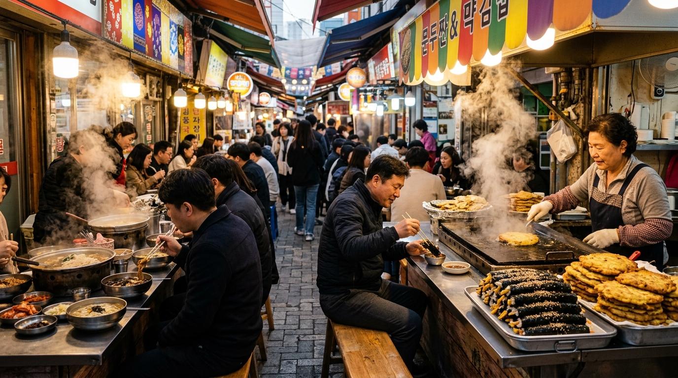 Bright vibrant photorealistic traditional Seoul market food alley with mung bean pancakes, mini rice rolls, noodle bowls, steam, diners on stools, no visible te