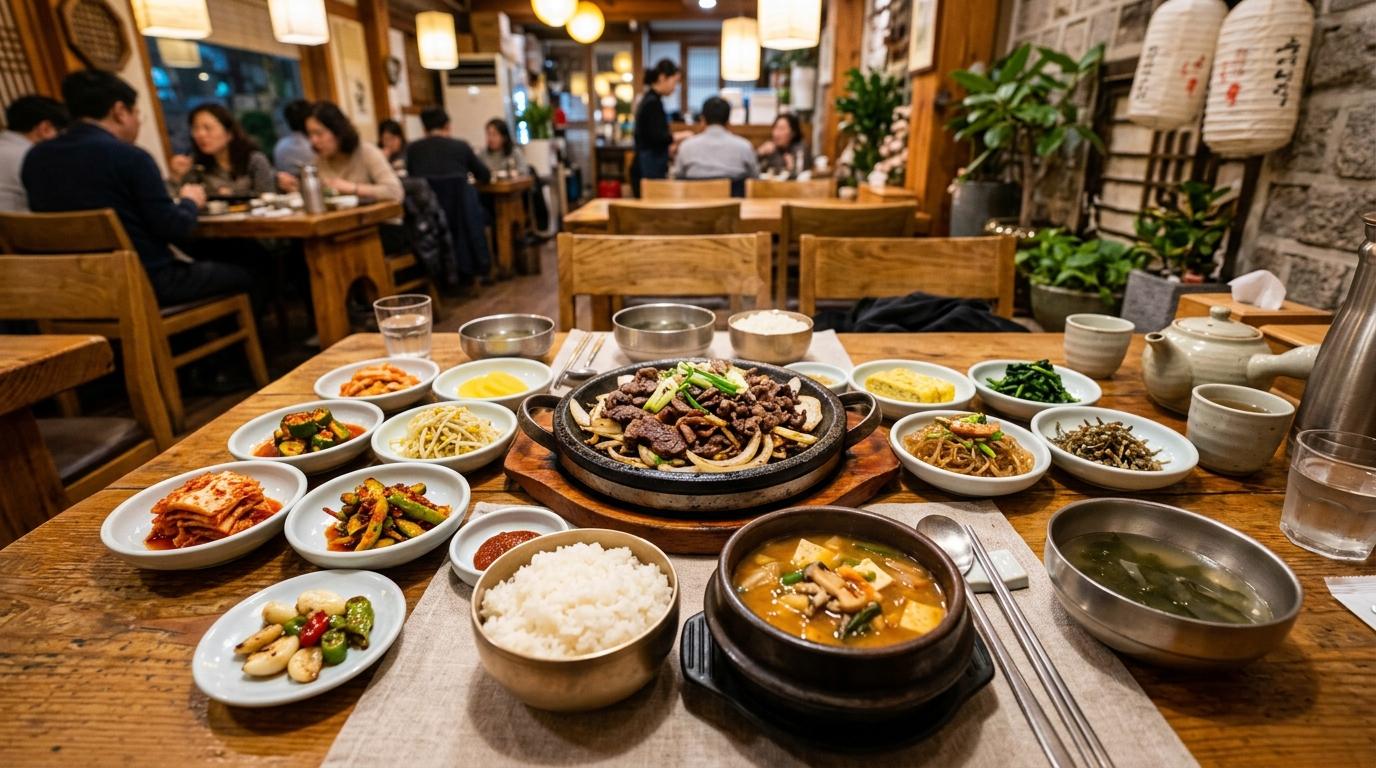 Bright vibrant photorealistic Korean meal table with rice, soup, grilled meat, kimchi, colorful side dishes, chopsticks, and warm restaurant lighting, no visibl
