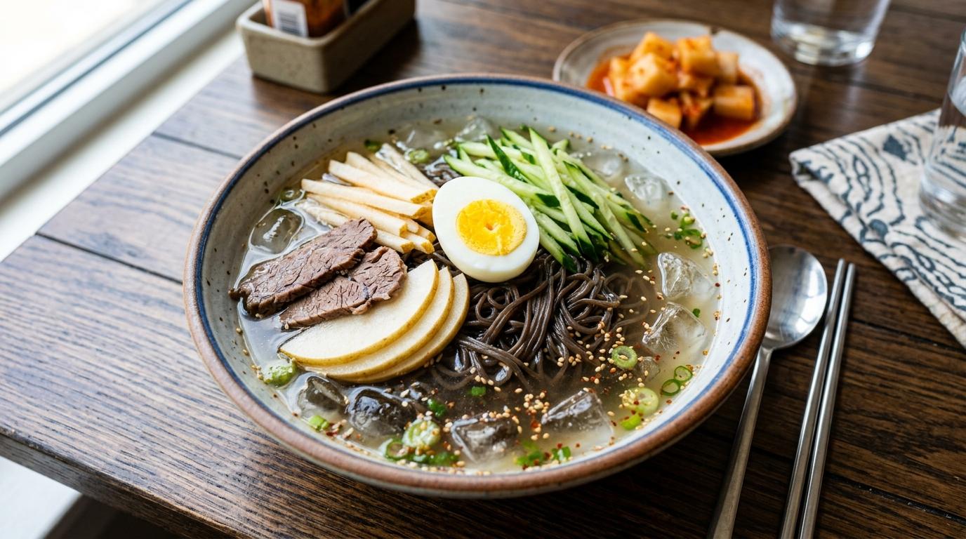 Bright vibrant photorealistic bowl of cold buckwheat noodles in clear broth with sliced beef, cucumber, pear, egg, and ice, no visible text