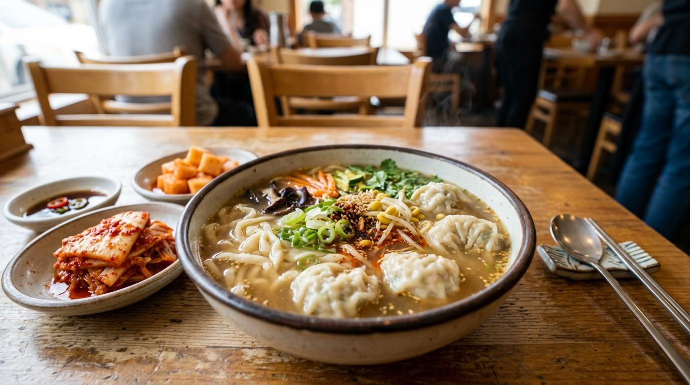 Bright vibrant photorealistic bowl of knife-cut noodle soup with dumplings, broth, sliced vegetables, and kimchi on a simple restaurant table, no visible text