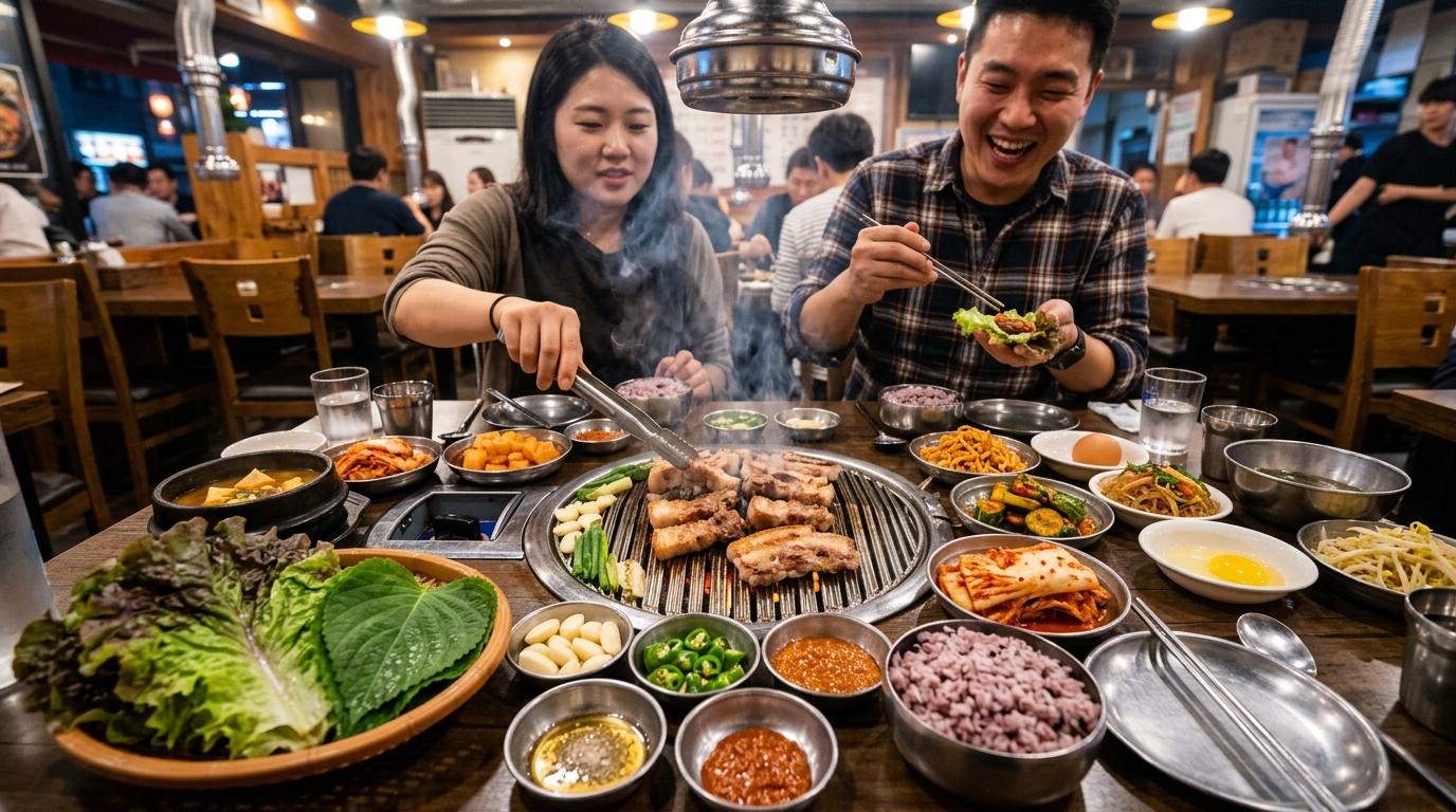 Bright vibrant photorealistic Korean barbecue table with sizzling pork belly, lettuce wraps, garlic, sauces, and colorful side dishes in a lively Seoul restaura