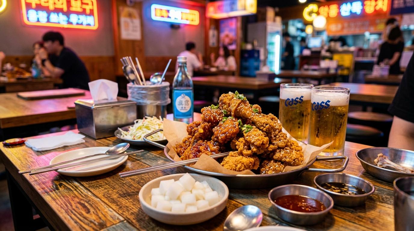 Bright vibrant photorealistic Korean fried chicken platter with golden crispy pieces, pickled radish, beer glasses, sauces, and neon-lit casual table, no visibl