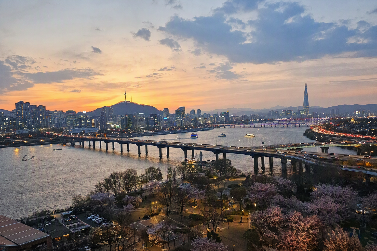 Bright vibrant photorealistic view of Seoul skyline at golden hour with Namsan Tower, Han River, modern hotels, soft spring light, no text