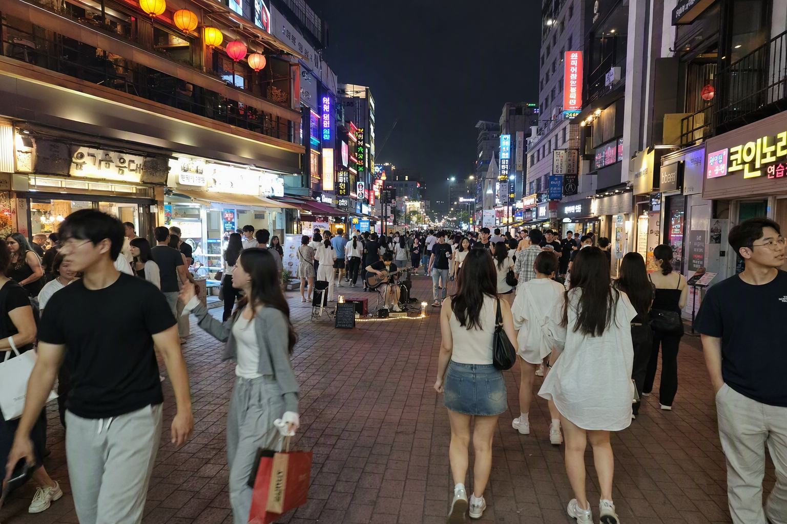 Bright vibrant photorealistic Hongdae street at night with young travelers, cafes, music energy, neon lights without readable text, no Korean text