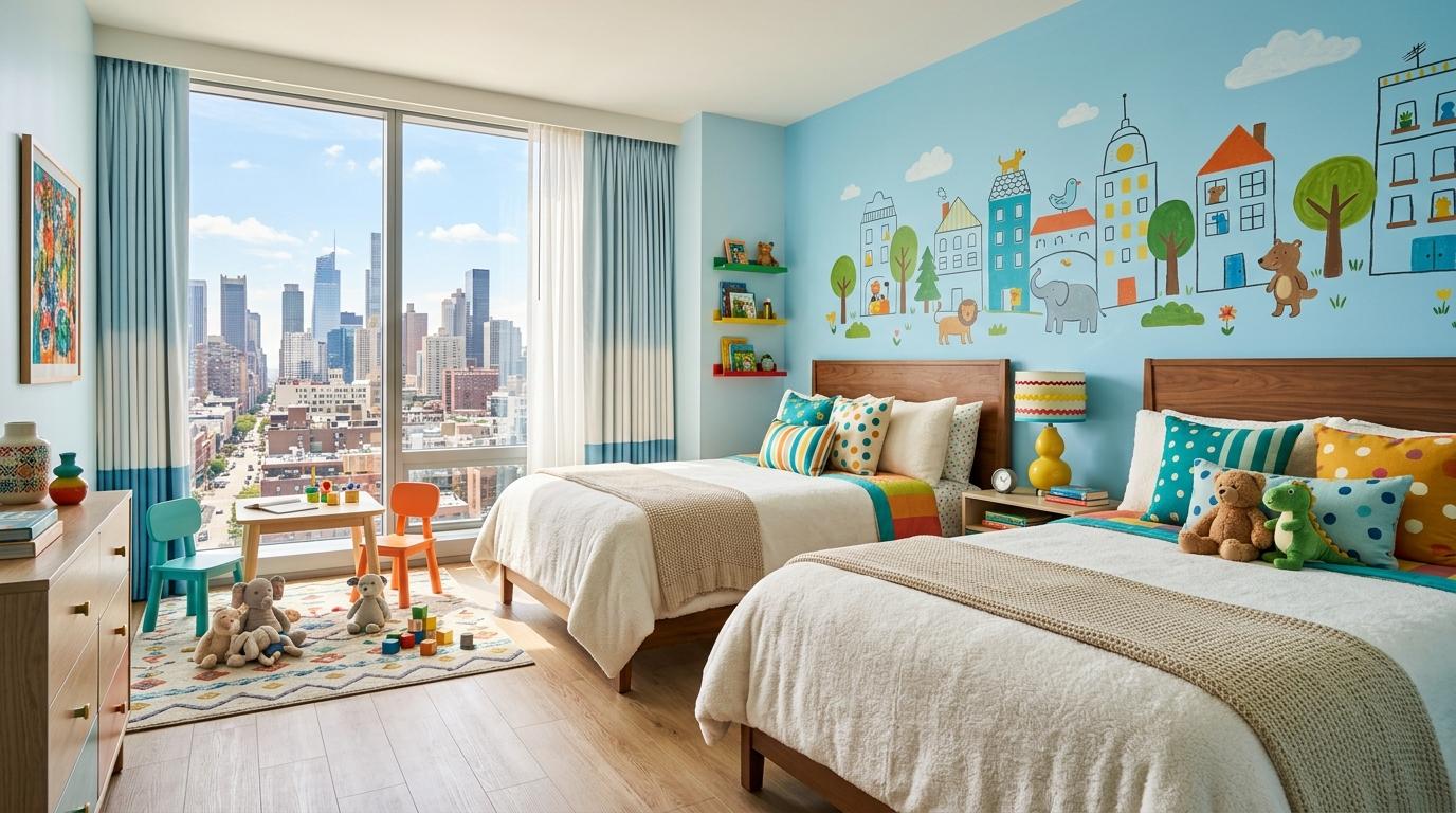 Bright vibrant photorealistic family-friendly hotel room with playful decor, city view, soft beds, colorful accents, no text