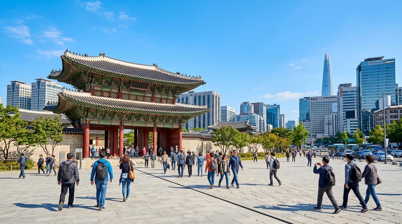 Bright vibrant photorealistic view of Gwanghwamun area with palace gates, modern city buildings, travelers walking, clear blue sky, no Korean text